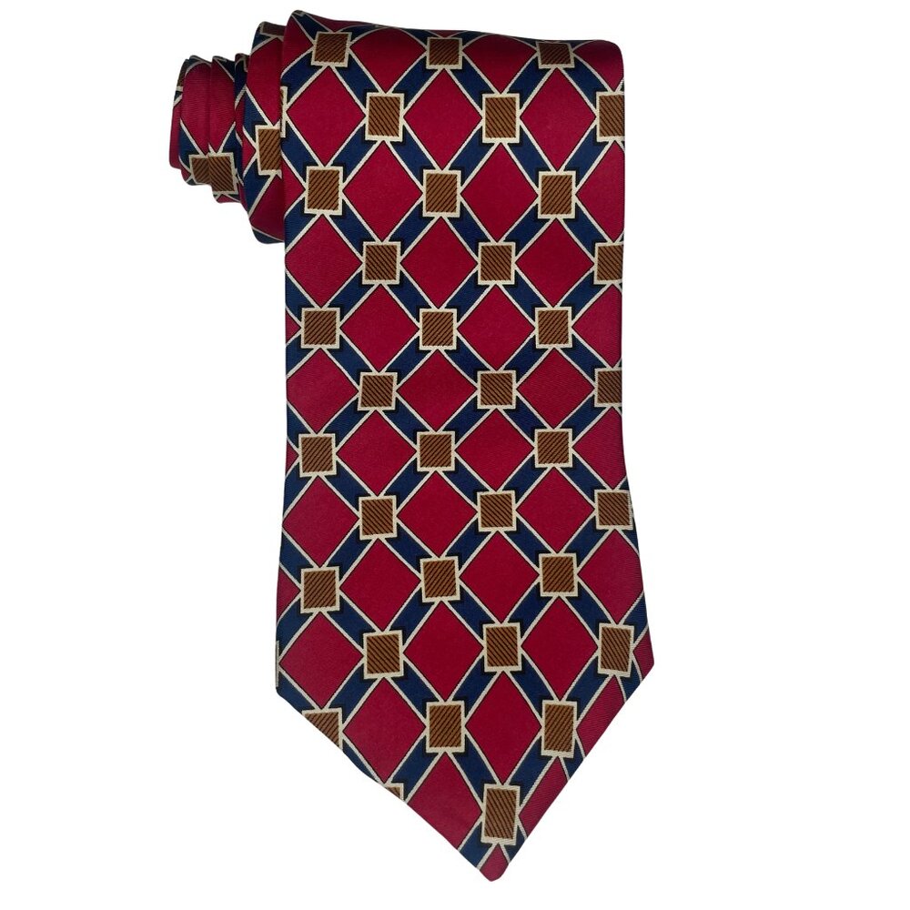 London Fog Vintage 100% Italian Silk Geometric Tie Burgundy Blue